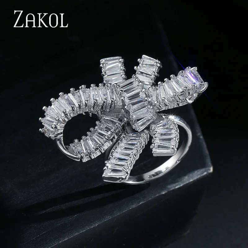 

ZAKOL White Cubic Zircon Jewelry For Women Wedding Rings Bowknot Design Rings Jewelry Size 6,7,8 FSRP1045