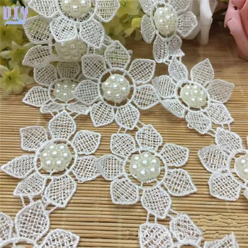 

15 Yards Polyester White Pearl Lace Ribbon Embroidered Flower Applique DIY Apparel Fabric Craft Sewing Trims