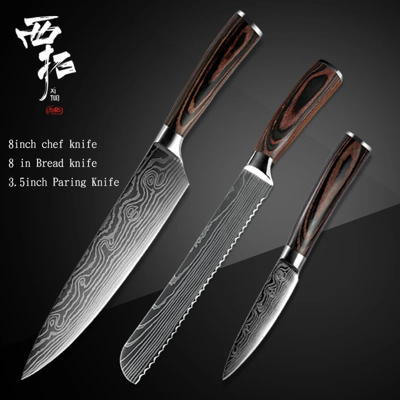 XITUO кухонный нож шеф-повара обвалочный нож японский нож для очистки овощей сантоку лазерный дамасский узор цветная деревянная ручка кухонный инструмент - Цвет: 3PCS-B