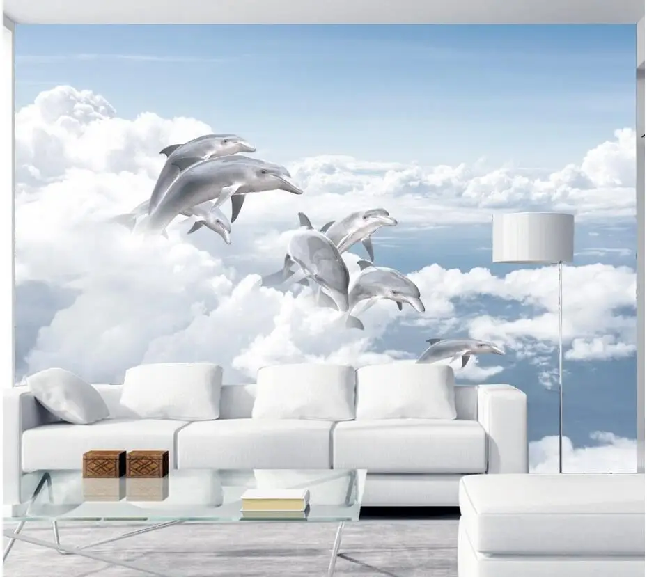 

3d wall murals wallpaper for walls 3 d photo wallpaper Blue sky and white clouds and sea dolphins background wall living room