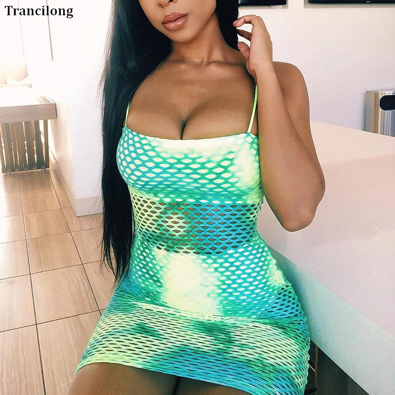 

Trancilong 2019 Summer Hot Fishing Mesh Stitching Hollow Women'S Dress Explosion Models Sexy Back Strap Dress