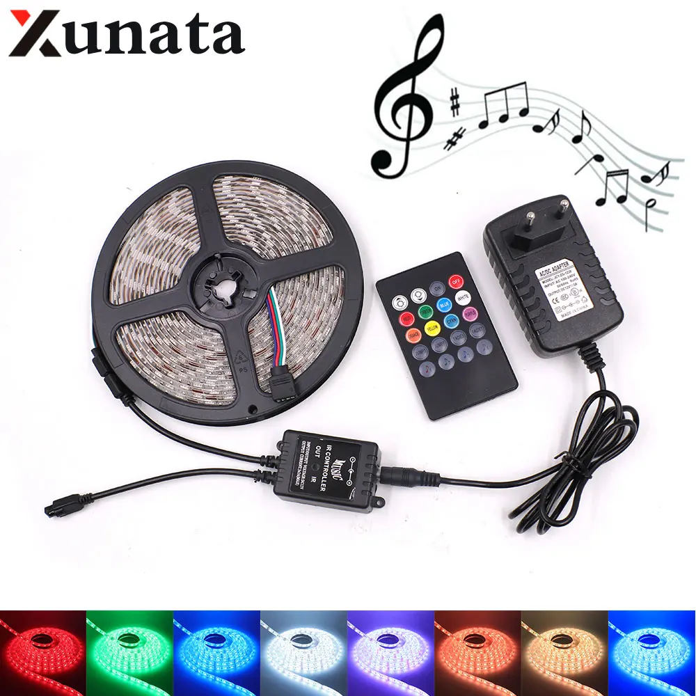 #cheap 5M LED Strip Light DC12V Led Strip Flexible Waterproof LED Tape Home Holiday Decor With 20 key IR RGB Music Controller+EU Plug