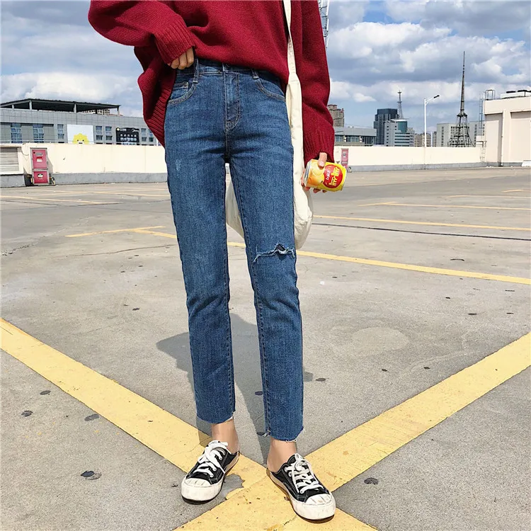 Отверстие Рваные джинсы сексуальные Для женщин Boyfriend Denim Винтаж с эластичной резинкой на талии, с Повседневное брюки женские, тонкие узкие женские укороченные брюки больших размеров Брюки