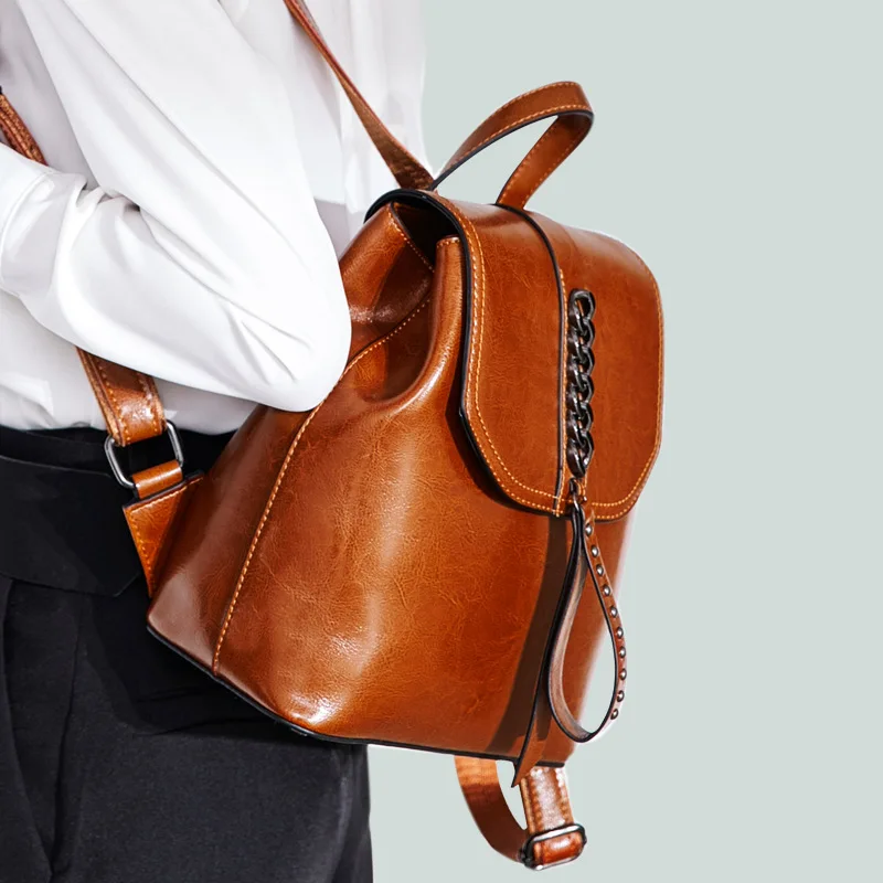

OZUKO 2019 New Metal Rivet Women Backpack Genuine Leather Retro School Bags For Teenagers Designer Laptop Backpack Student