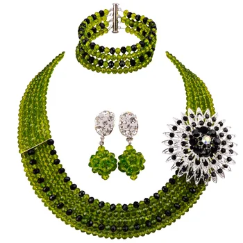 

Trendy Fashion Anniversary Present Olive Green Black Crystal Beaded Neckalce Earrings Bracelet Sets 5C-ST-16