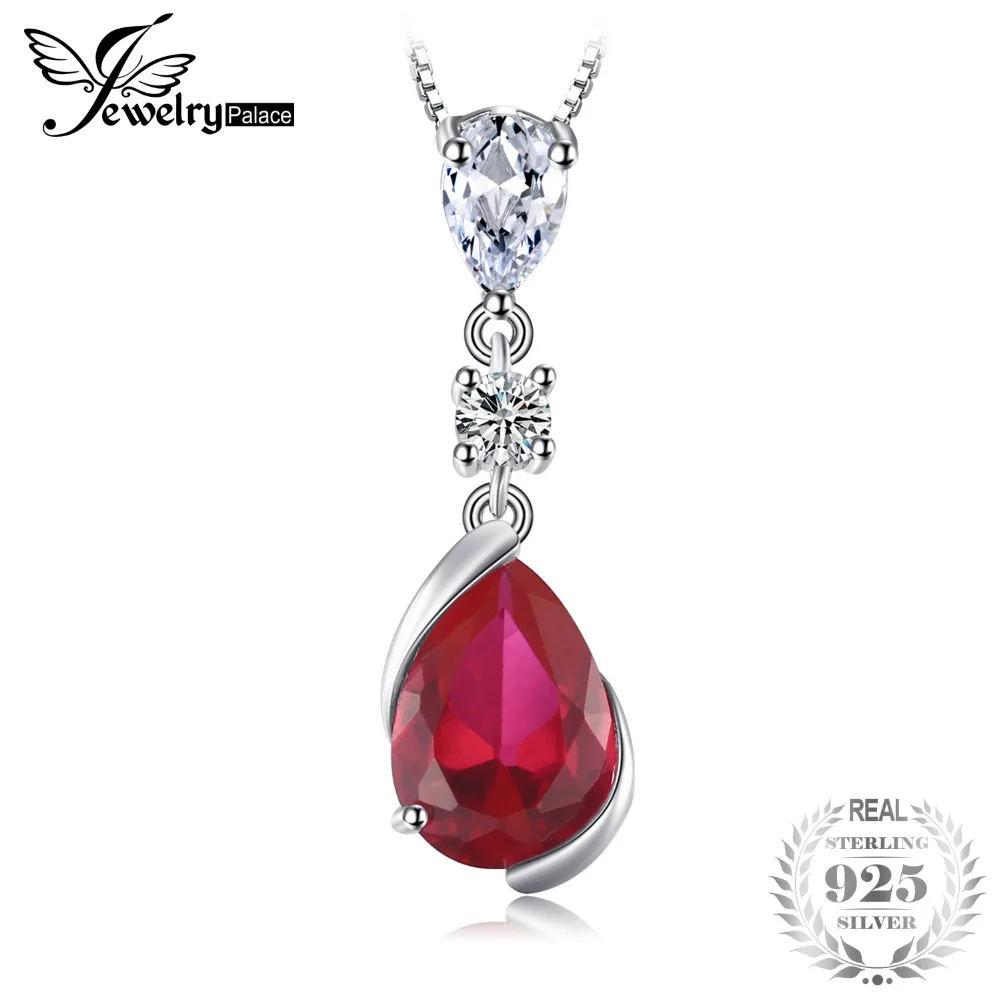 

JewelryPalace 3.27ct Pear Red Created Ruby Necklaces Pendants 925 Sterling Silver 45cm Box Chain Fashion Fine Jewelry For Women