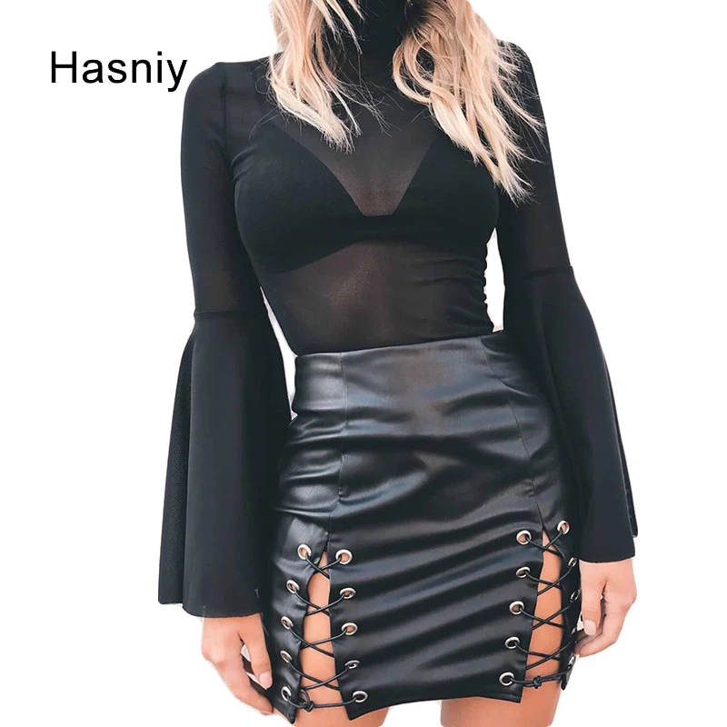 Hasniy Sexy Hollow Out Cross Lace Up A Line Mini font b Skirt b font Women