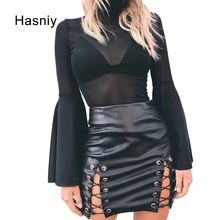 Hasniy Sexy Hollow Out Cross Lace Up A-Line Mini Skirt Women Autumn Club Slim Empire Split Patchwork Female PU Leather Skirt