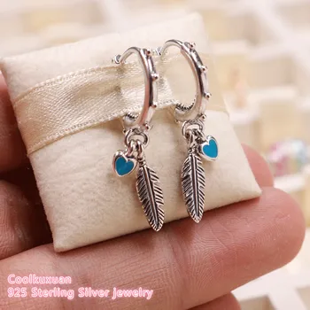 

2019 Summer 100% 925 Sterling Silver Spiritual Feathers Earrings, blue colour Enamel Original European Style Brand Jewelry