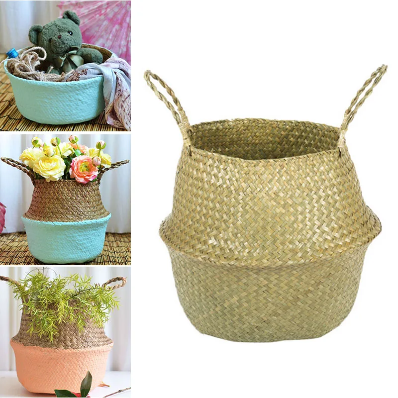 

Natural Seaweed Woven Shopping Basket Foldable Handmade Storage Laundry Basket QJS Shop