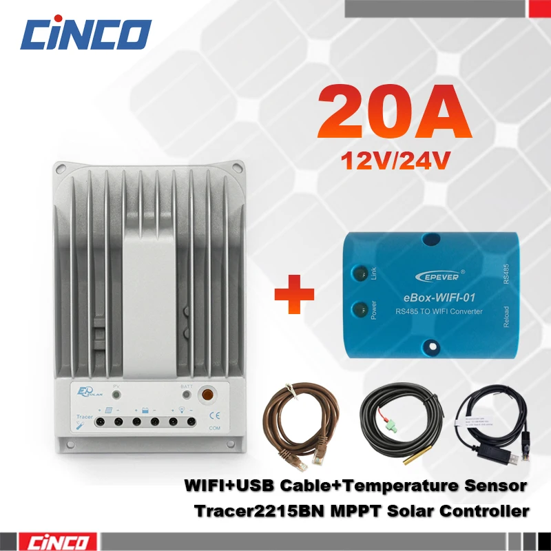 

Tracer2215BN 20A 12V/24 EPEVER solar controller & eBox-WIFI and USB communication cable & temperature sensor RTS300R47K3.81AV1.1