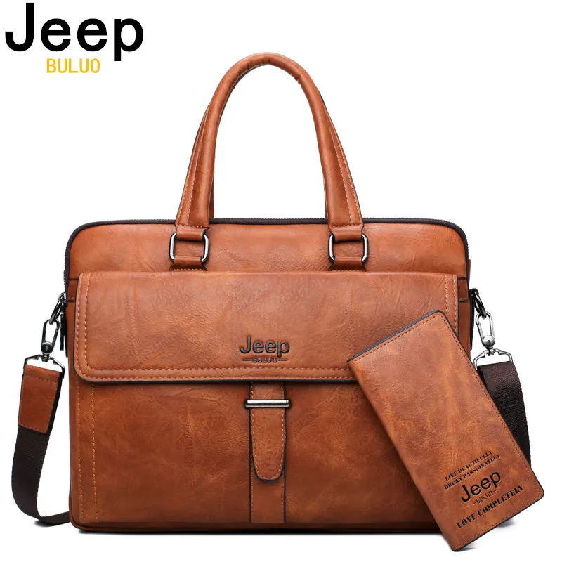 JEEP BULUO الرجال حقيبة حقيبة ل 14 بوصة محمول حقائب عمل 2 قطعة مجموعة حقيبة يد كبيرة السعة جلدية حقائب مكتبية رحلة عمل
