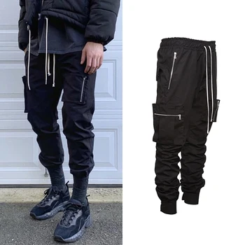 

Khaki Cargo Pants Mens Black Buttons Split Multi-pocket Ankle Buckle Function Pants Streetwear Fashionable Men's Biker Trousers