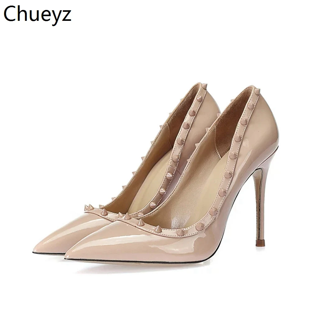

Chueyz New Fashion High Heels Rivet Women Pumps Thin Heel Classic Brand Shoes Sexy Prom Party Shoes Genuine Leather Women Shoes