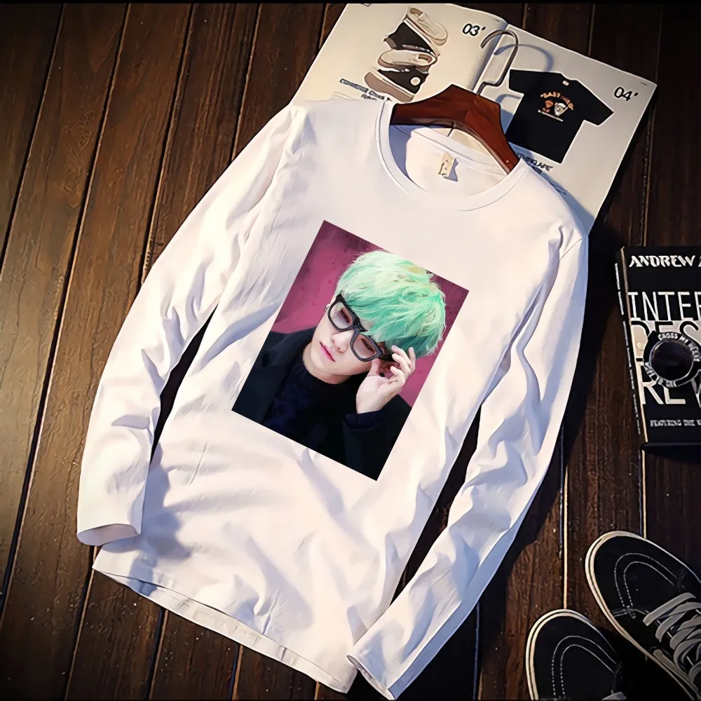 

New Long Sleeve T Shirt Unisex BTS Suga Korea Singer Style Print 100% Cotton Top Tee Casual O Neck Streetwear Clothing