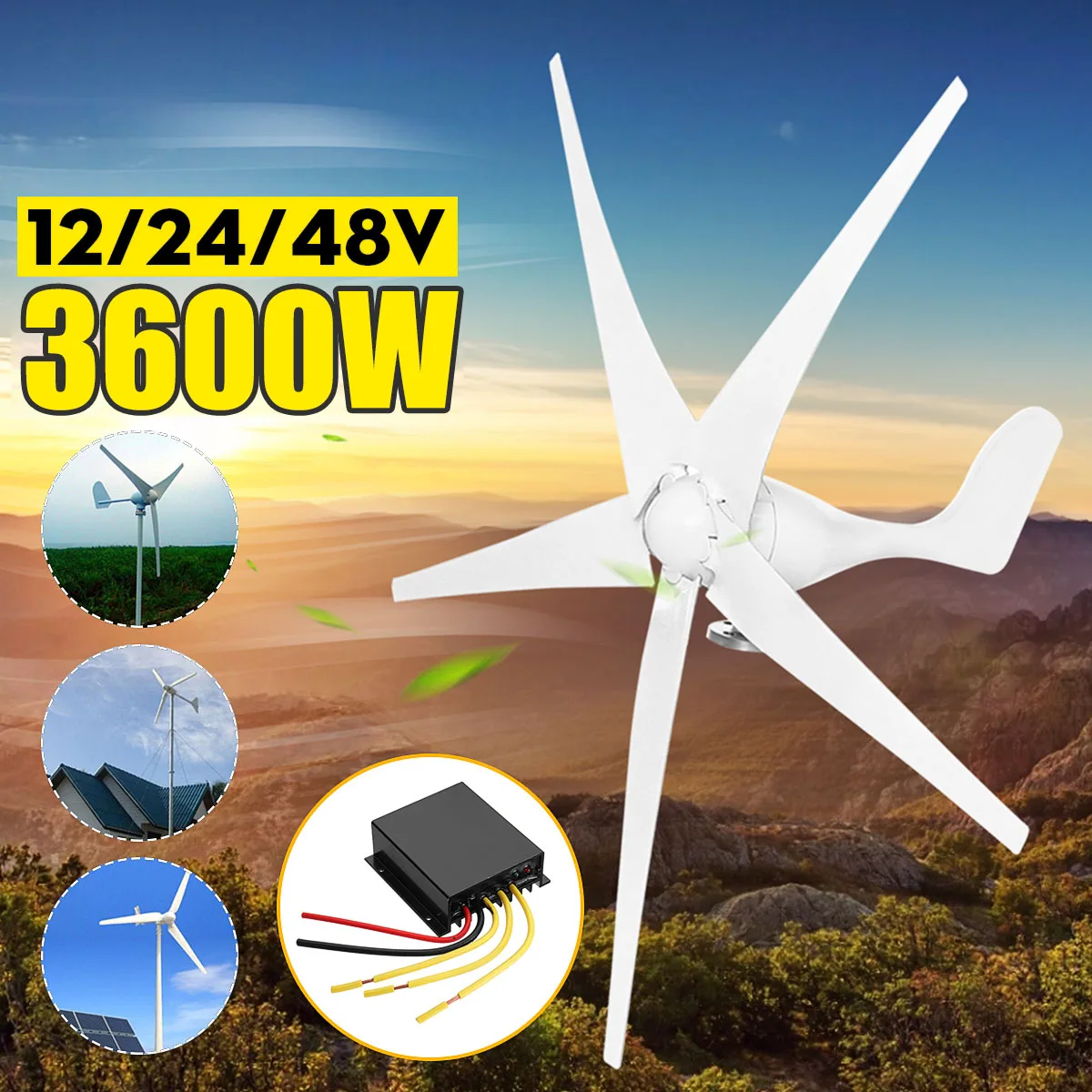 3600W Wind Power Turbines Generator 12/24/48V 3/5 Wind Blades Option With Waterproof Charge Controller Fit for Home Or Camping