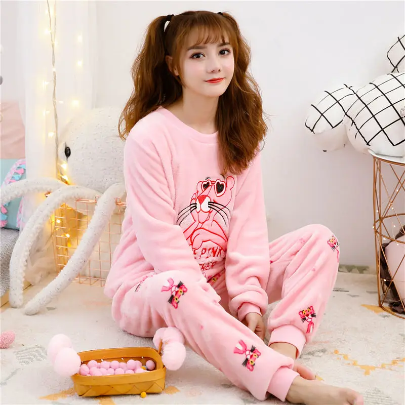 Женский пижамный комплект, зимний женский пижамный комплект, Фланелевая пижама, одежда для сна, топ + штаны, пижамный комплект из 2