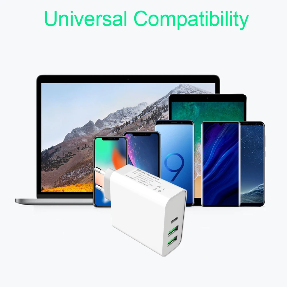 65 Вт TYPE-C USB-C адаптер питания, 1 порт PD60W QC3.0 зарядное устройство для USB-C ноутбуков MacBook Pro/Воздушный iPad Pro, 2 порта USB для samsung iPhone