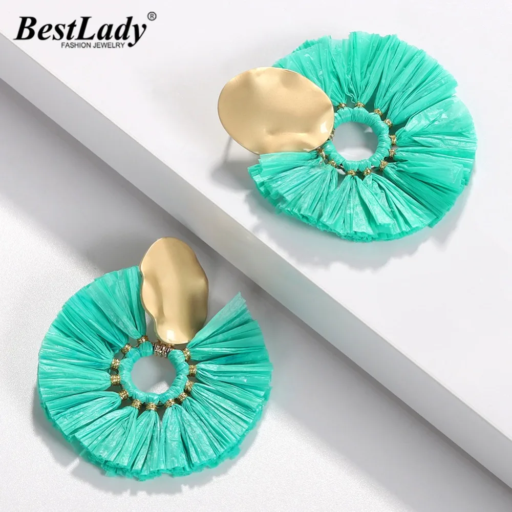 

Best lady 2019 Bohemian BA Handmade Raffia Drop Earrings for Women Wedding Ethnic Round Dangle Statement Earrings Party Jewelry