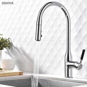 Chrome Plated Brass Pull Out Kitchen Faucet Single Handle Deck Mounted Hot And Cold Sink Water Mixer Tap with Two Spray Mode donyummyjo factory direct sale modern solid brass pull out spray chrome brass kitchen faucet mixer tap single handle two spouts