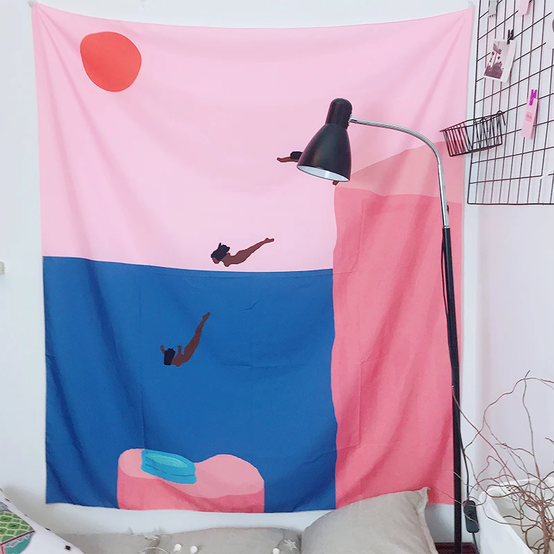 

Cute Diving Girls Tapestry Hand Painted Pink Blue Tapestries Wall Hanging Throw for Bedroom Dorm Room