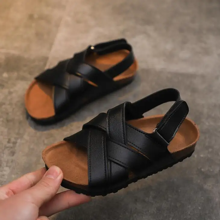Sandales d'été en cuir Pu pour enfants | Chaussures de plage noires de marque pour garçons, sandales de Sport à la mode, 2020