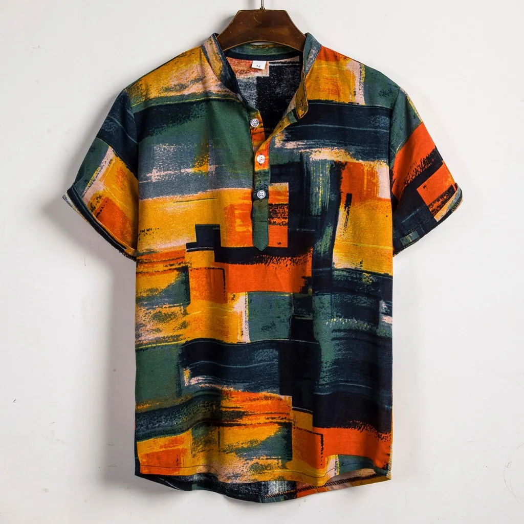 

men's clothing Mens Contrast Color Geometric Printed Turn Down Collar Short Sleeve Loose Shirts Hauts pour hommes Plus Size#G30