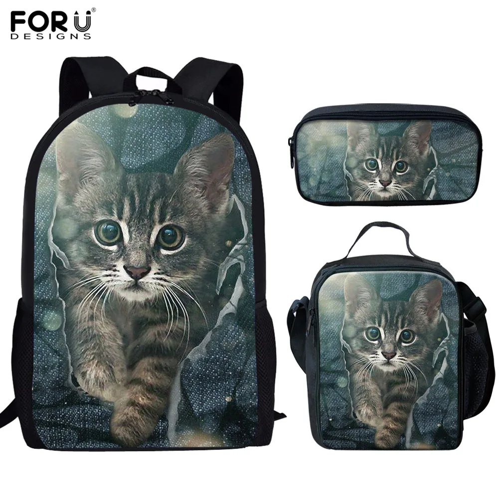 FORUDESIGNS/крутая школьная сумка, набор, 3D Рисунок кошки Китти, школьный рюкзак для девочек-подростков, Mochilas, ранец, школьный рюкзак с животными, сумки для книг
