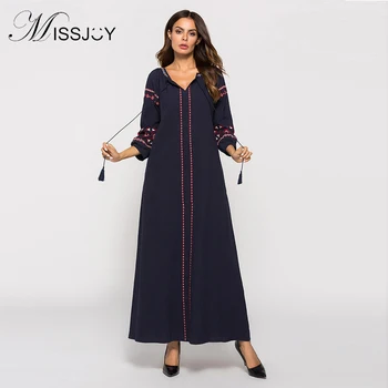 

MISSJOY 2018 New arabic dresses for women 3/4 Sleeve Navy Blue turkey embroidery muslim islamic fashion latest abaya maxi dress
