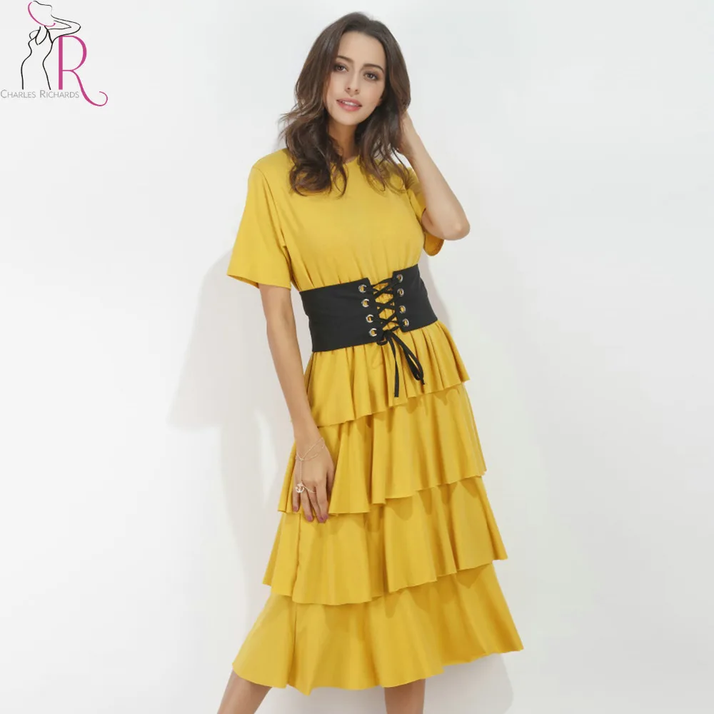 Yellow Corset Belt Waist Layered Ruffles Midi Dress Women Short Sleeve