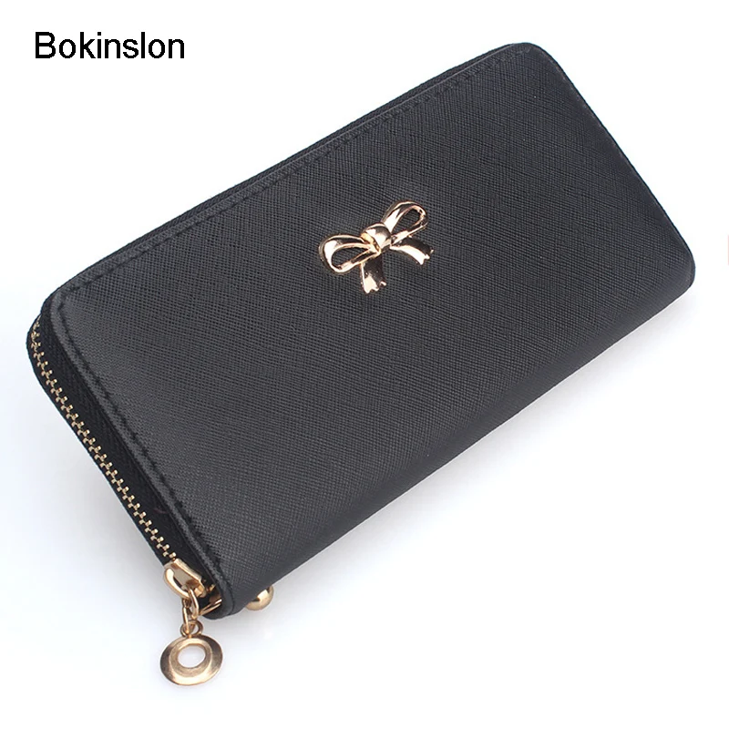 

Bokinslon Woman Brand Wallet PU Leather Bow Tie Hand Wallet For Women Cute Solid Color Female Long Section Wallet