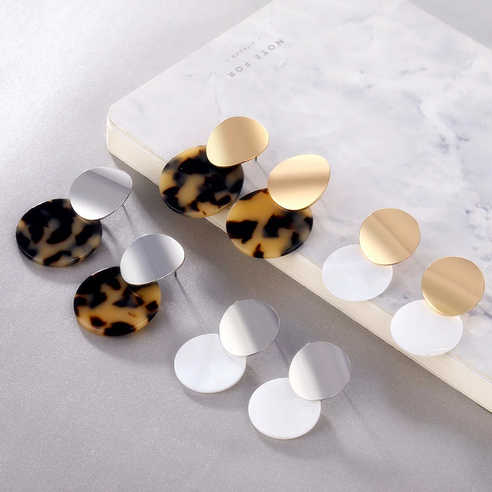 

Fashion Gold Round Metal Statement Earrings For Women Shell Pendant Earrings Bohemian Leopard Acrylic Resin Dangle Earrings