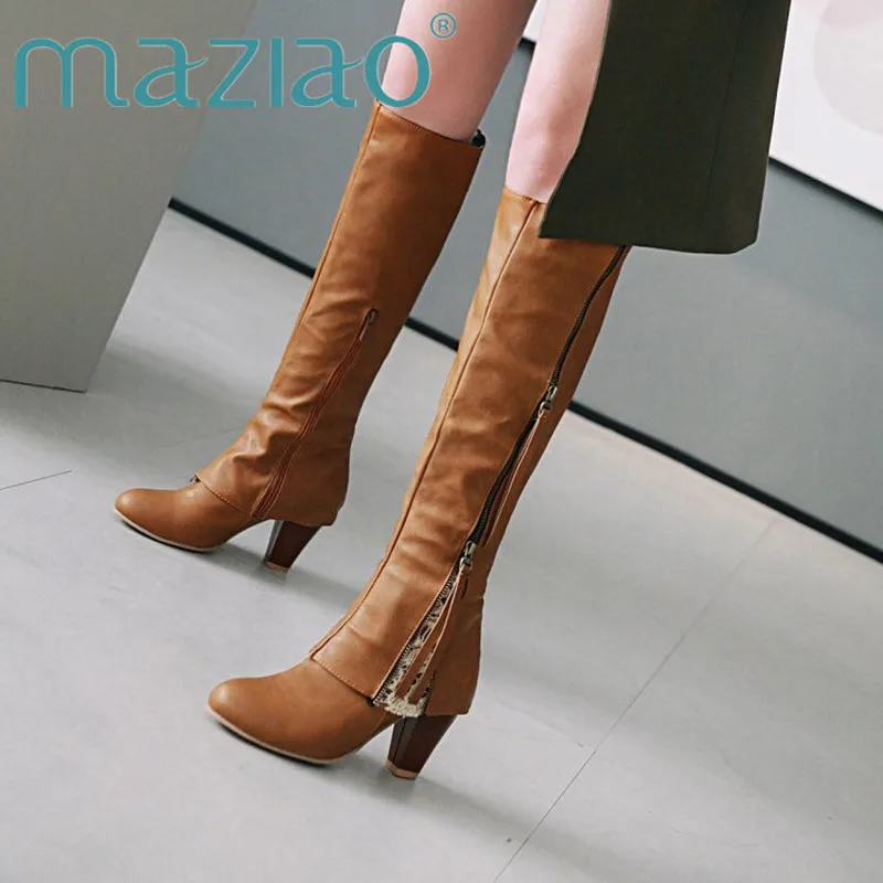 

MAZIAO Women Knee High Boots New Winter Boots Zipper Think High Heel Lace Jackboots Fashion Lady Round Toe Shoes Women Boots
