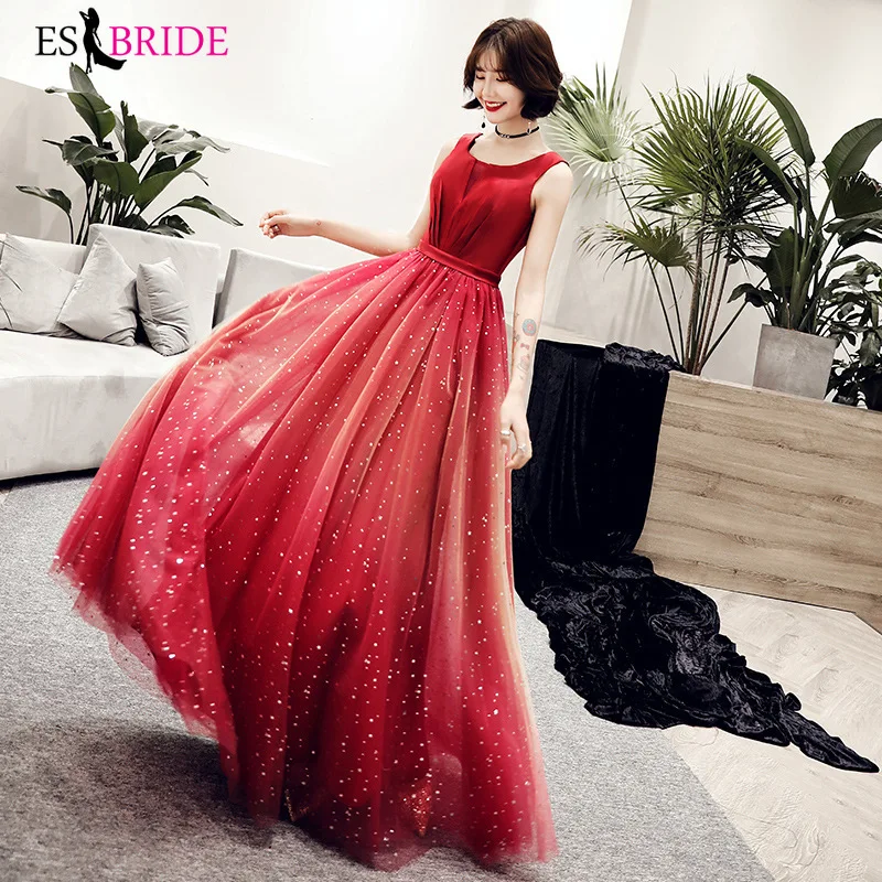 2019 real photo evening gowns for women elegant red starry sky evening dresses long sexy sleeveless evening dress ES2410