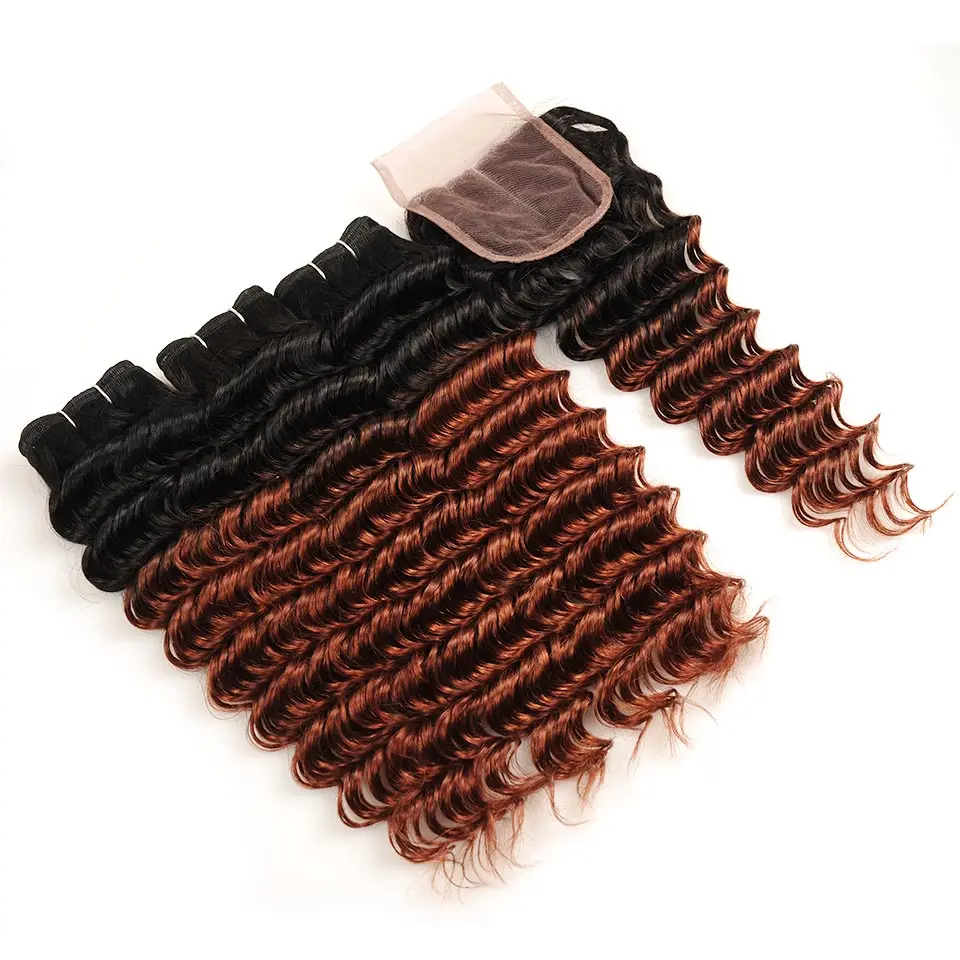 Pinshair Pre-Colored Ombre Brazilian Hair 3 Bundles With Closure T1B33 Non-Remy Deep Wave Human Hair Bundles With Lace Closure (9)