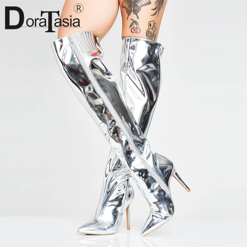 

DORATASIA new plus size 48 patent pu leather over the knee boots pointed toe lady high heel shoes woman party sexy evening boots