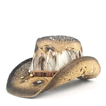 Женская Соломенная открытая западная ковбойская шляпа Дамская ручная работа богемное перо Sombrero Hombre пляжная ковбойская джаз шляпа от солнца размер 56-58 см