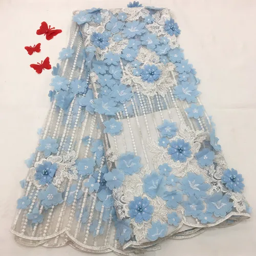 Latest African 3D Flowers Lace Fabric French Tulle Voile Beaded Lace Fabric For Wedding Party Nigerian Bridal Laces Fabric - Цвет: light blue