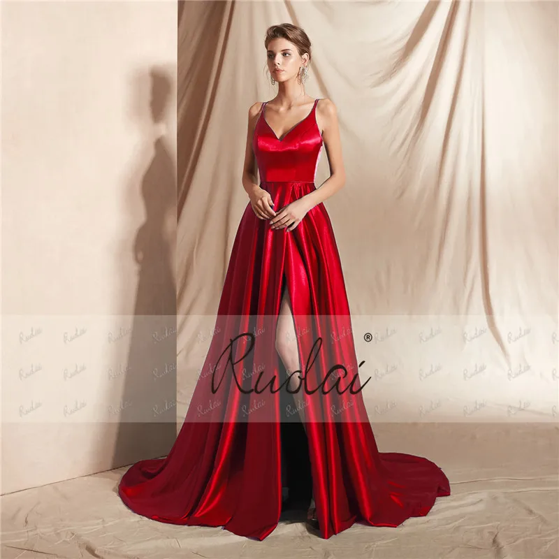 Sexy Evening Dress Long 2019 V Neck A-Line Prom Dress with Slit Spaghetti Straps Formal Party Gown Dress Robe de Soiree SN17 Sexy Evening Dress Long 2019 V Neck A-Line Prom Dress with Slit Spaghetti Straps Formal Party Gown Dress Robe de Soiree SN17