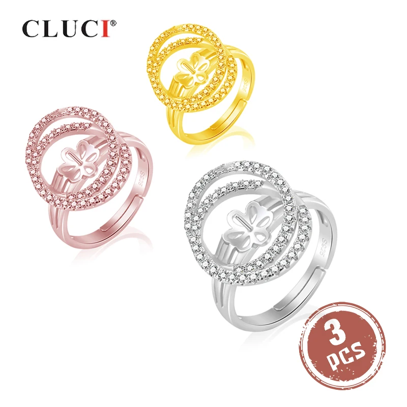 

CLUCI 3 шт 925 пробы Серебряное розовое золото кольца для женщин серебро 925 жемчужное кольцо Крепление регулируемое Открытое кольцо из циркона SR2115SB