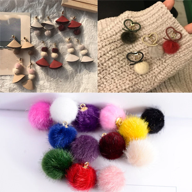 10pcs Fashion Colorful Mink Hair Fur Fan Shape Tassel Charm Round Plush Pompom Ball Beads Pendant for DIY Earring Jewelry Making