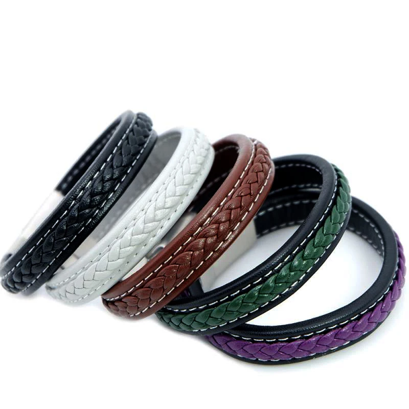 VEROMCA Punk Jewelry Purple Green Genuine Braided Leather Bracelet Stainless Steel Magnetic Clasp Double Leather Bracelets (4)