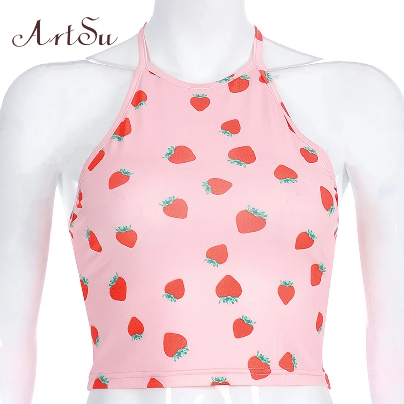 ArtSu/укороченный топ с рисунком в стиле Харадзюку с открытой спиной, без рукавов, на тонких бретелях, женские милые топы, жилет, летняя уличная одежда ASVE20673 - Цвет: Розовый