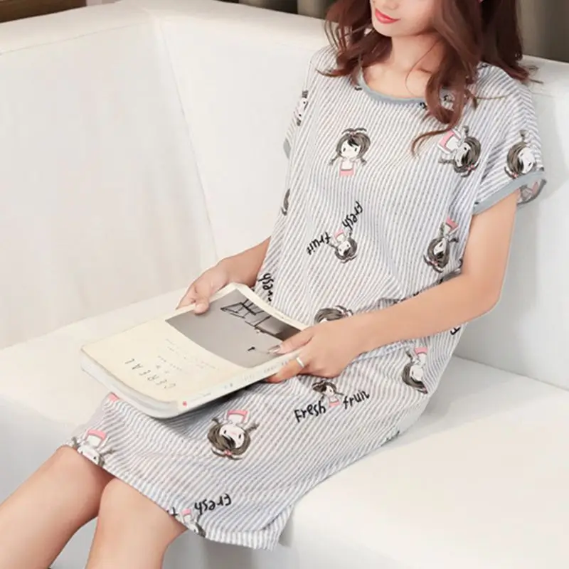 Женская летняя ночная рубашка с рисунком кролика мороженого в Вертикальную Полоску из молочного волокна, Свободный пуловер для сна