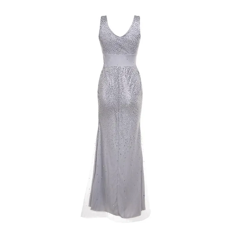 Seqiuned Dress Party Women V Neck Summer Dress Sleeveless Dress Long Party Solid Dresses Big Size Vestidos De Festa 40MAY1702