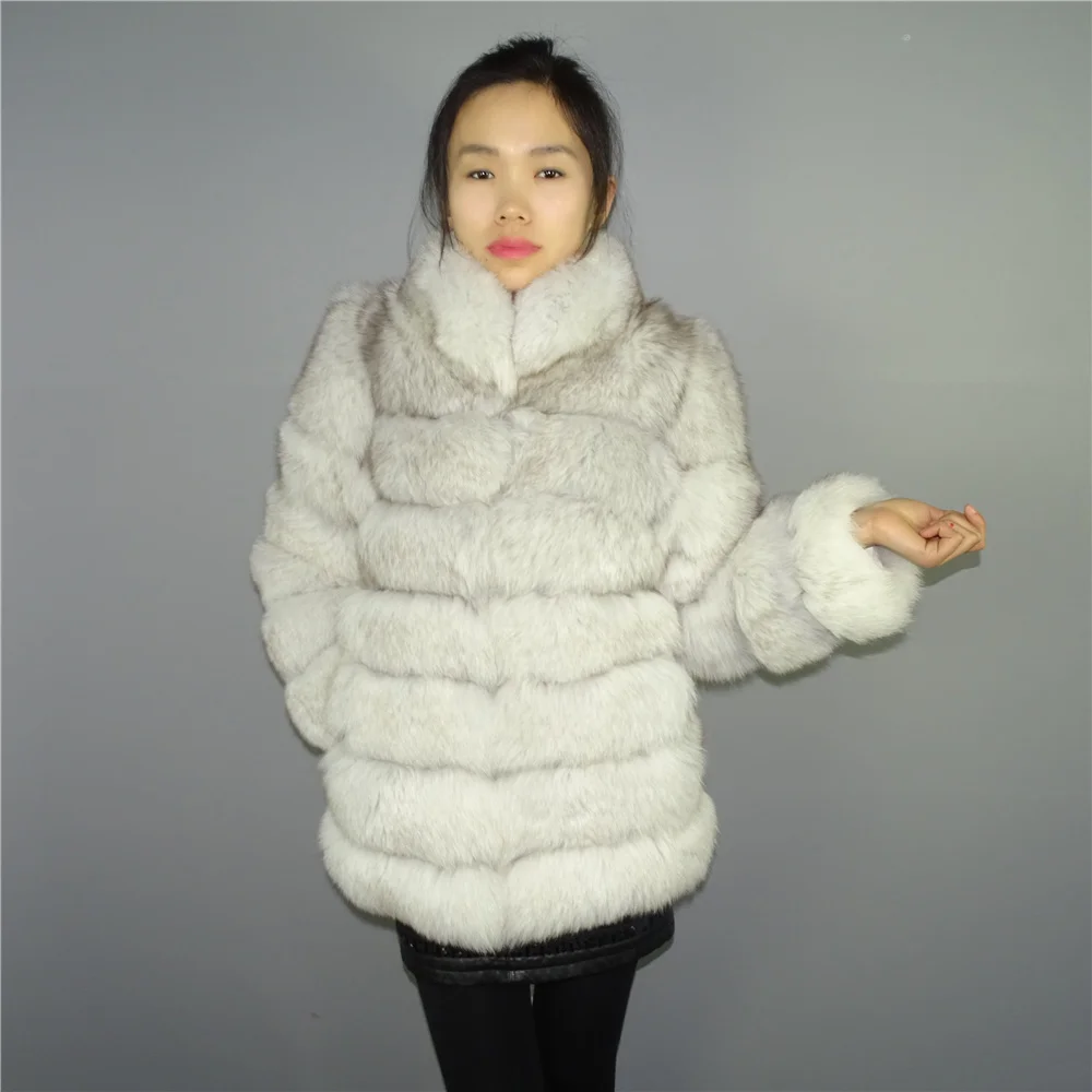 Real Nature White Blue Fox Fur Vertical stripes patchwork stripe coat outwear long jacket parka Winter Trench Stand up Collar | Женская
