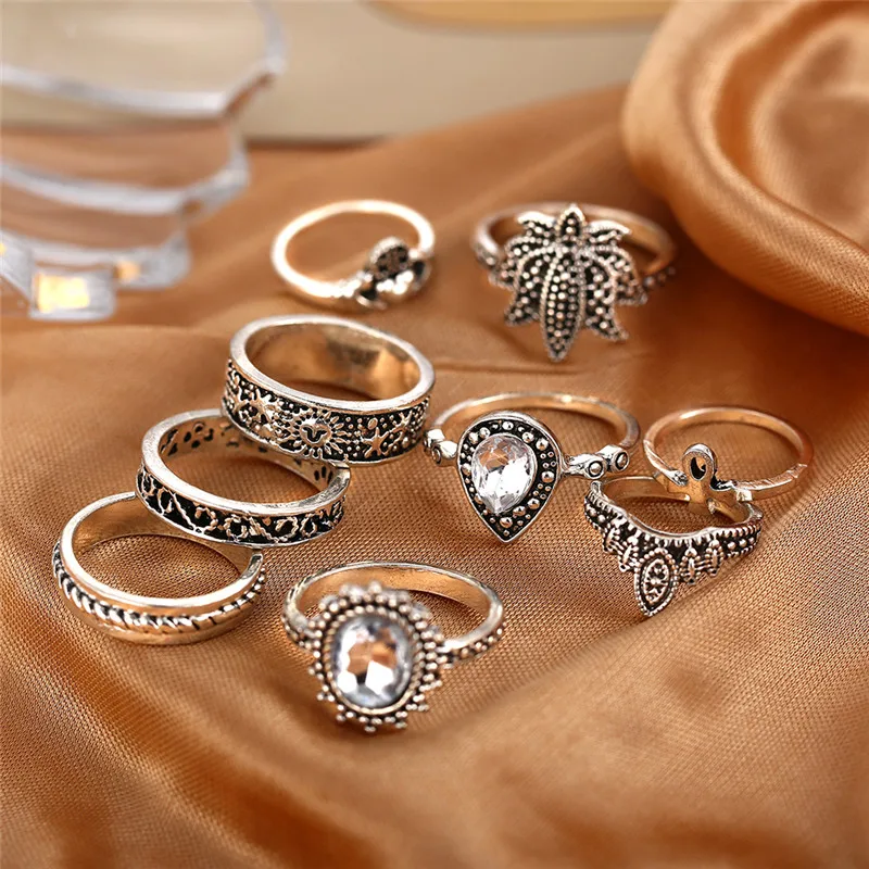 

AY 9 Pcs/set Bohemian Retro Green Stone Flower Leaves Hollow Geometric Big Silver Ring Set Women Wedding Anniversary Gift