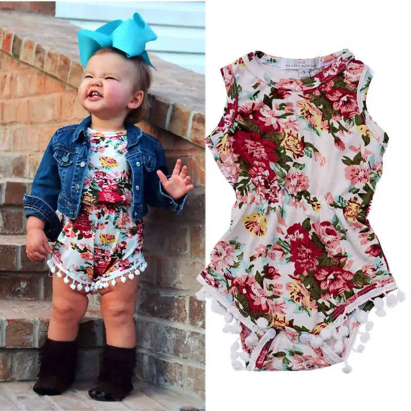 2017 Newborn Toddler Baby Floral Print Tassel Sleeveless Bodysuit Soft