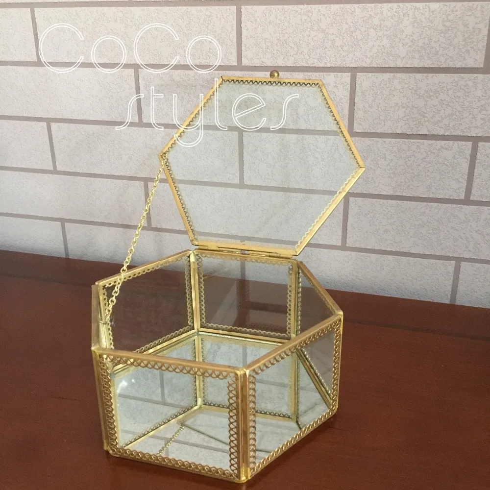 

Cocostyles bespoke blank vintage gold frame hexagon glass box for church wedding gift box and flower house box