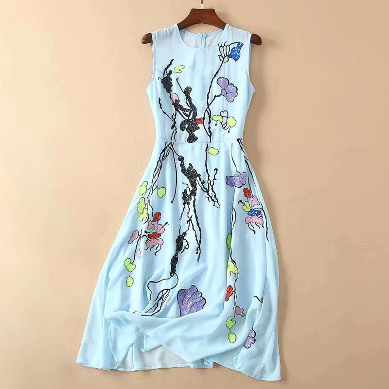 

Red RoosaRosee Runway New Summer Women Vestidos 2019 Sequin Light Blue Sleeveless Midi Dresses Elegant Robe Party Holiday Dress